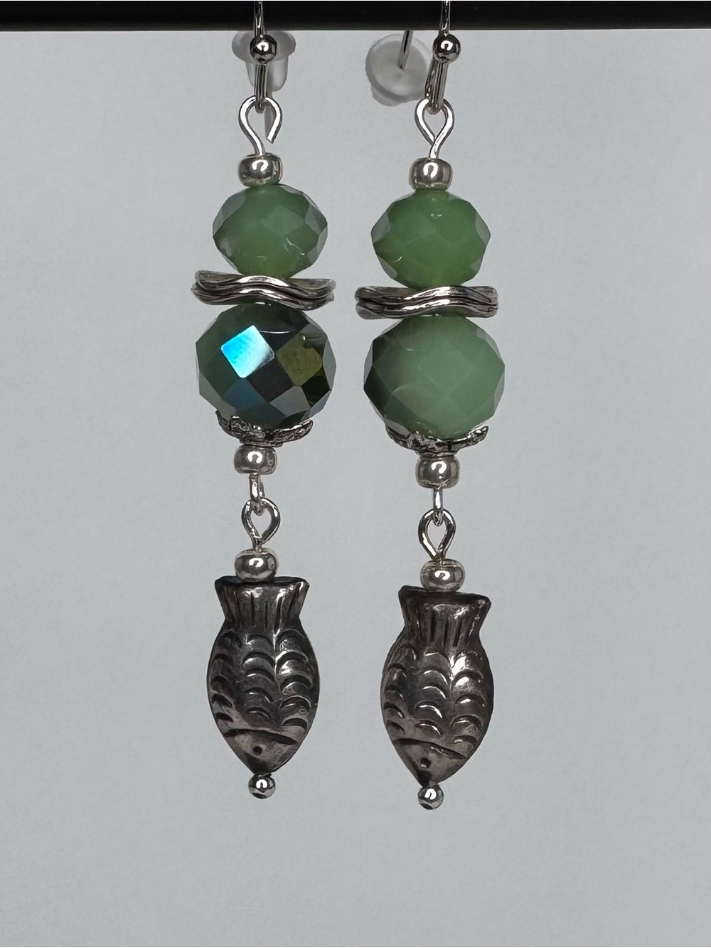 Hand Made Czech Glass & Sterling Silver Fish Charms Dangle Earrings Boho NWT
